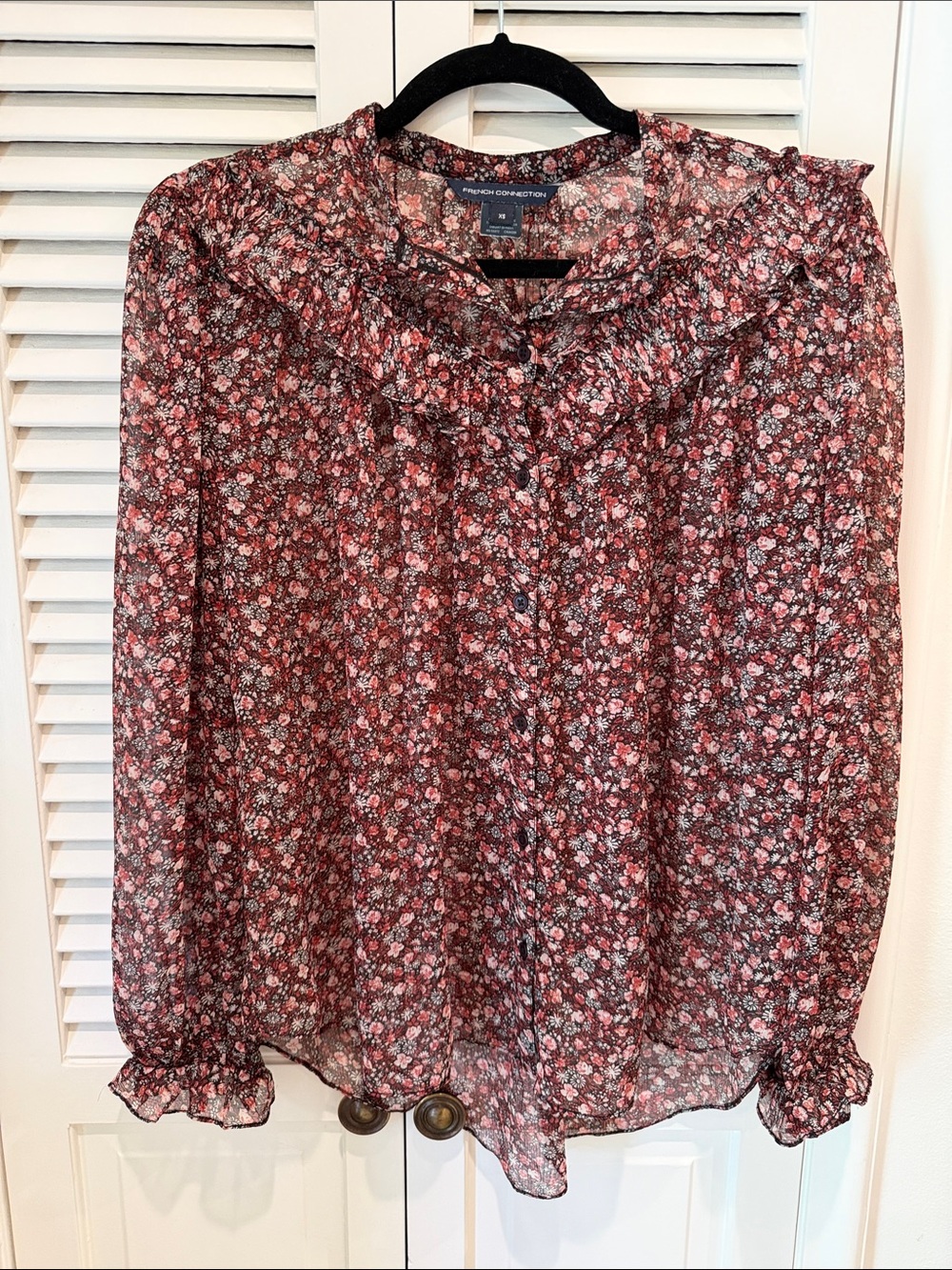 French Connection Pink Floral Ruffle-Neck Blouse